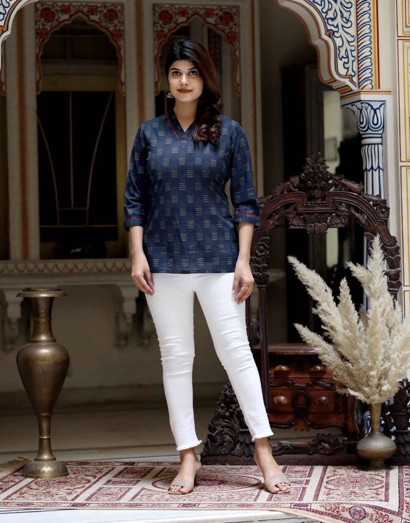 Miravan Navy Blue Printed Cotton Top for Women - Image 4